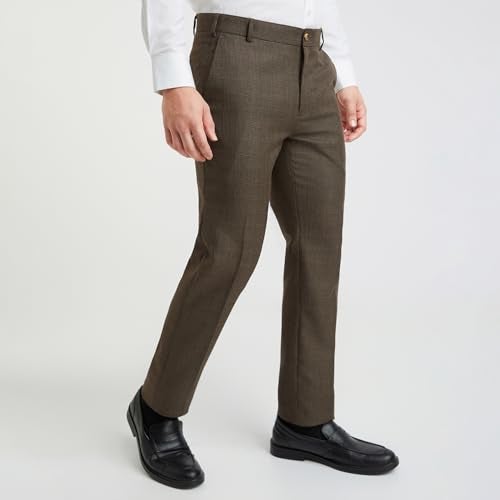 Raymond Men Slim Fit Checks Pattern Poly Viscose Blend Flat Front Formal Trouser (Size: 32)-RMTS05539-O7 Dark Brown - Image 2