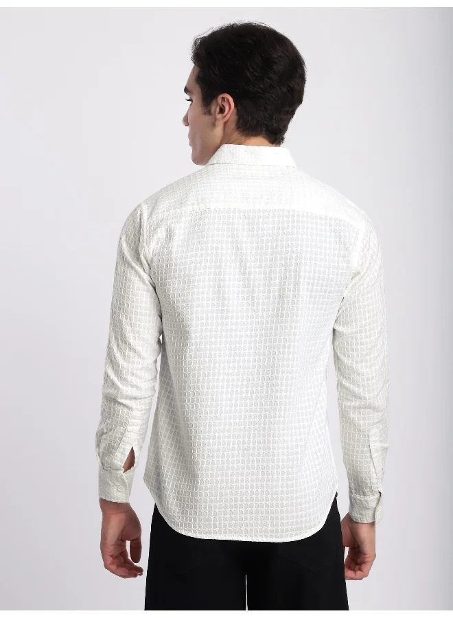 Beyoung White Jacquard Round Textured Shirt