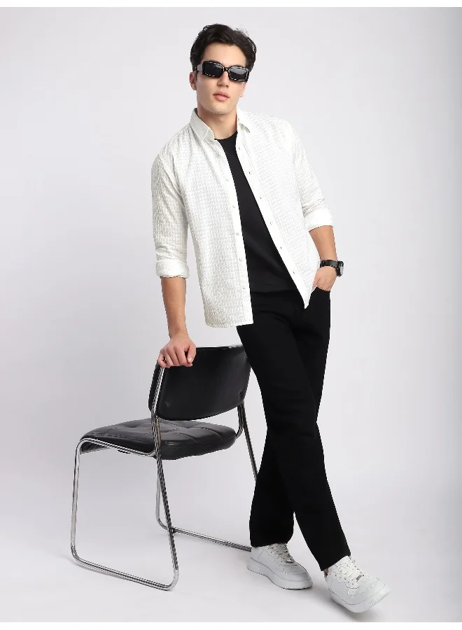 Beyoung White Jacquard Round Textured Shirt