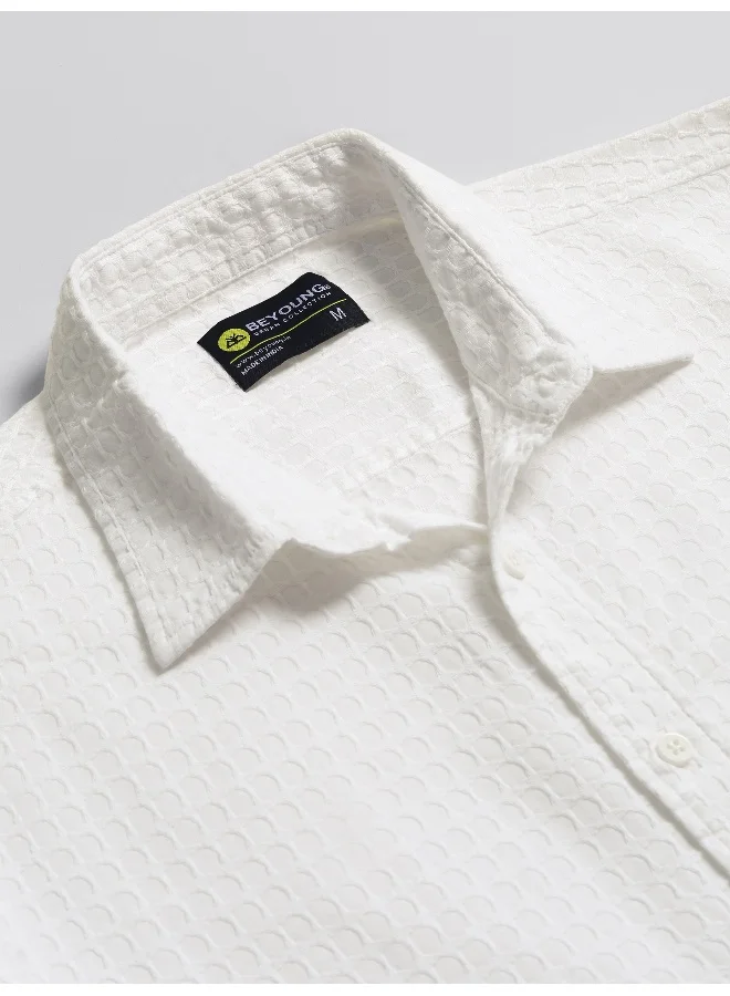 Beyoung White Jacquard Round Textured Shirt