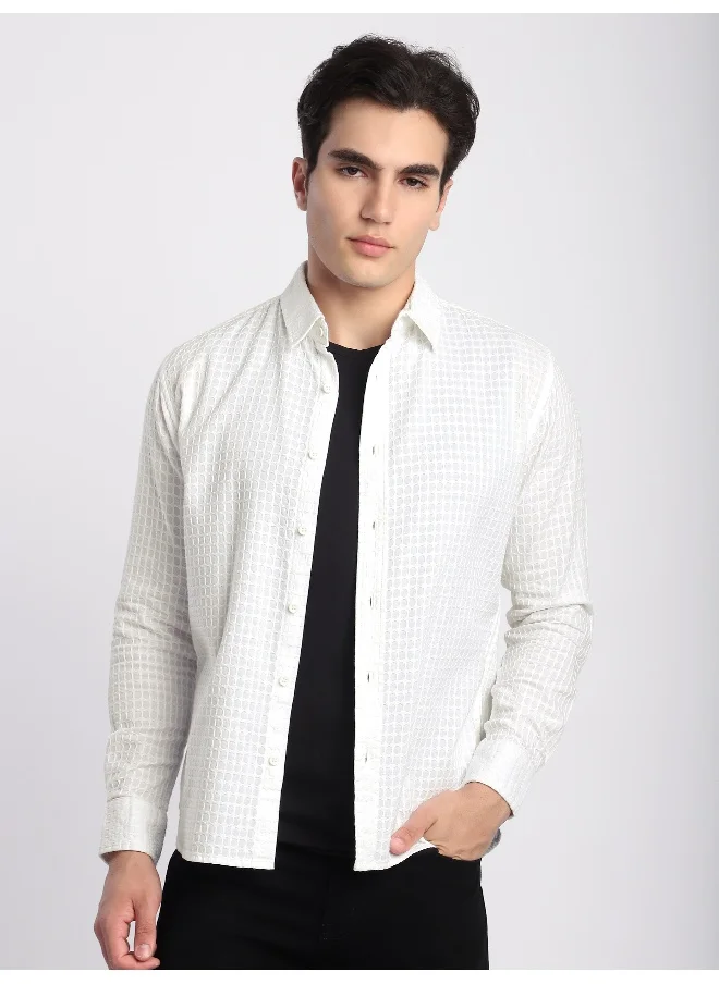 Beyoung White Jacquard Round Textured Shirt