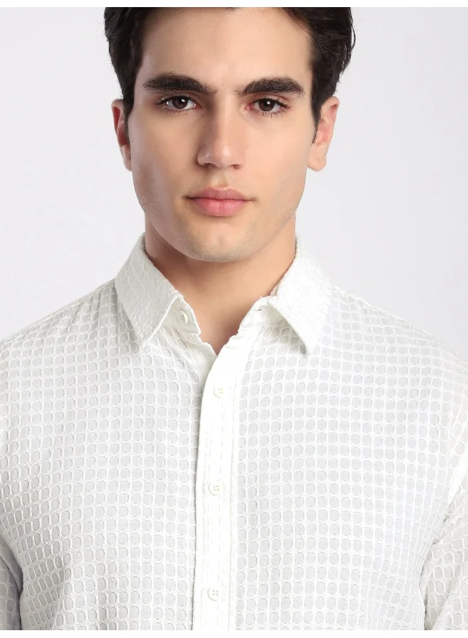 Beyoung White Jacquard Round Textured Shirt