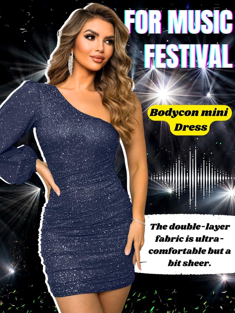 ShawGobow Sparkly Outfits for Women,One Shoulder Ruched Bodycon Short Prom Dress,Sexy Dresses Cocktail Homecoming Nye Dark Blue Small - Image 5