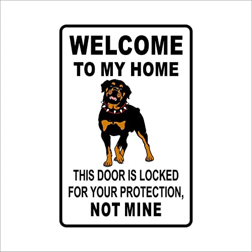 QKIODS Aluminum Metal Sign Retro Style Welcome To My Home Rottweiler Warning For Home Office Bedroom Living 8x12 Inches - Image 1