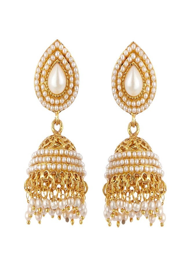KENNICE Gold-Plated Gorgeous Traditional White CZ & White Pearl Moti Jhumka Earrings Jewellery For Women & Girls - Image 1