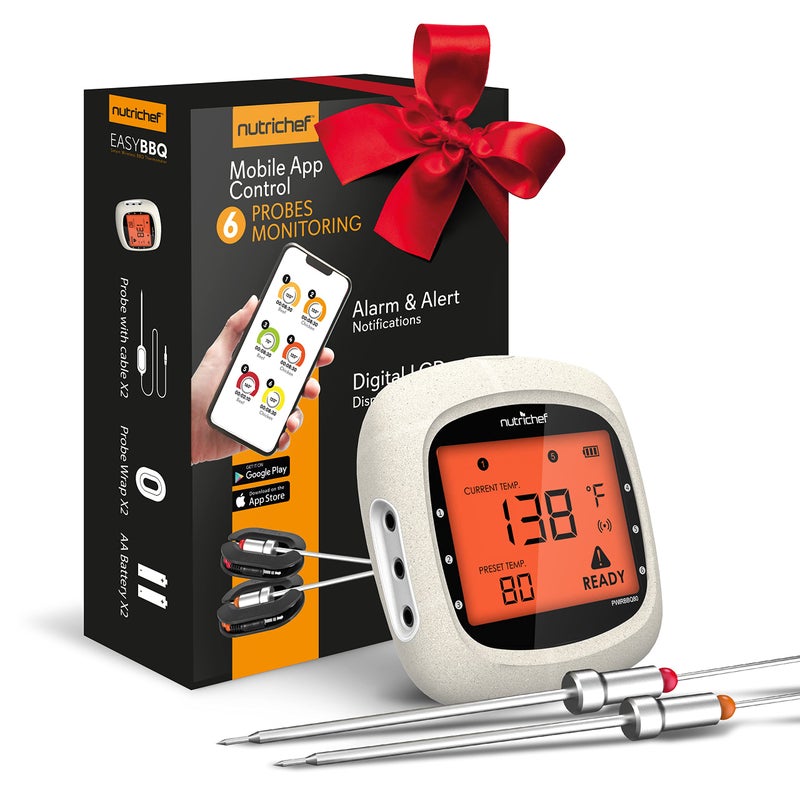 NutriChef Bluetooth Meat Thermometer for Grilling and Smoking, up to 6 Temperature Probes and Smart APP, 400 Ft Range, LCD - Image 1