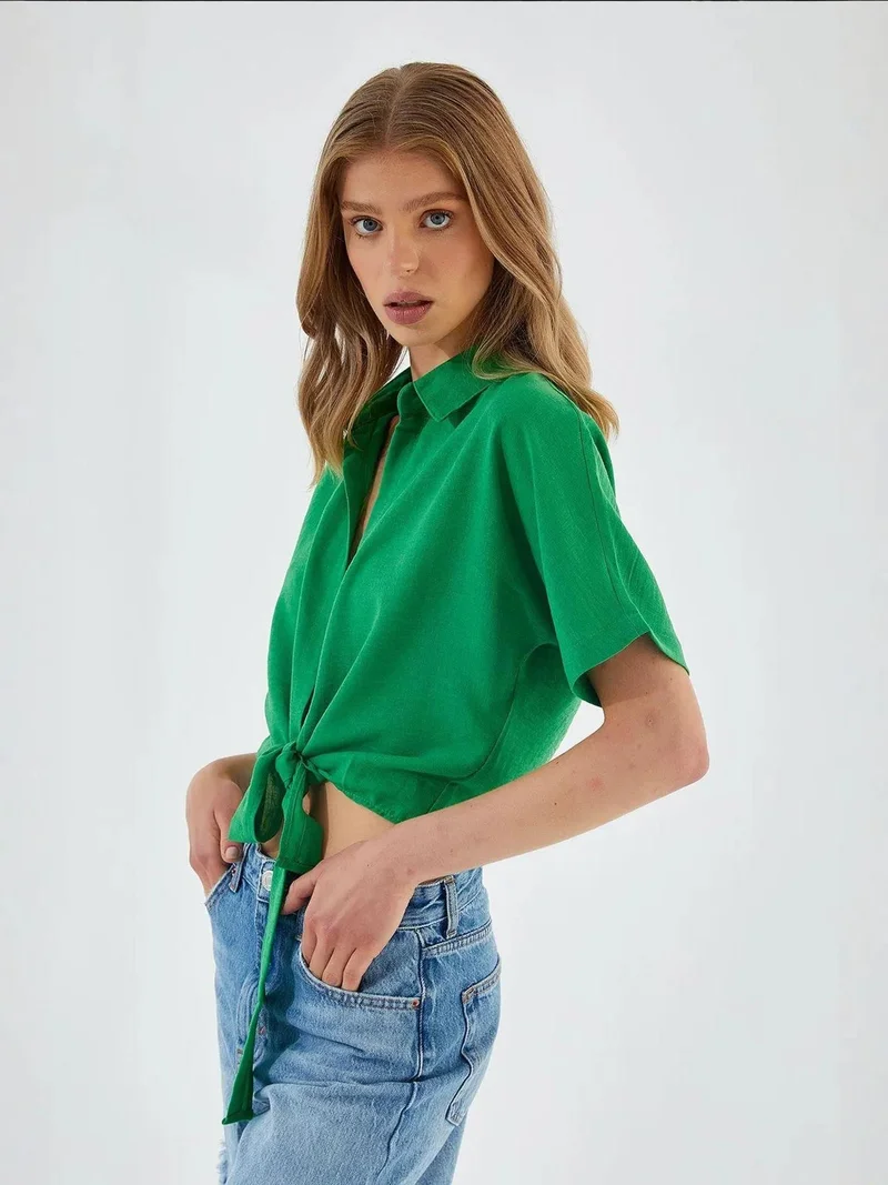 MixRay Mixray V-Neck Tie Closure Slim Fit Crop Shirt