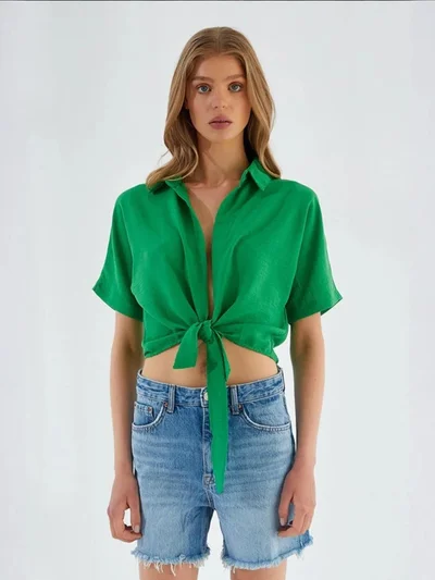 MixRay Mixray V-Neck Tie Closure Slim Fit Crop Shirt