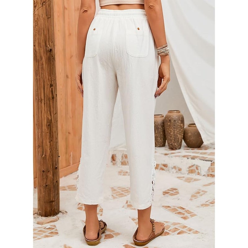 Acelitt Women Casual Lightweight Drawstring Elastic Waist Lace Linen Pants with Pockets, S-XXL - Image 5