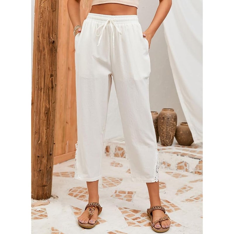 Acelitt Women Casual Lightweight Drawstring Elastic Waist Lace Linen Pants with Pockets, S-XXL - Image 3
