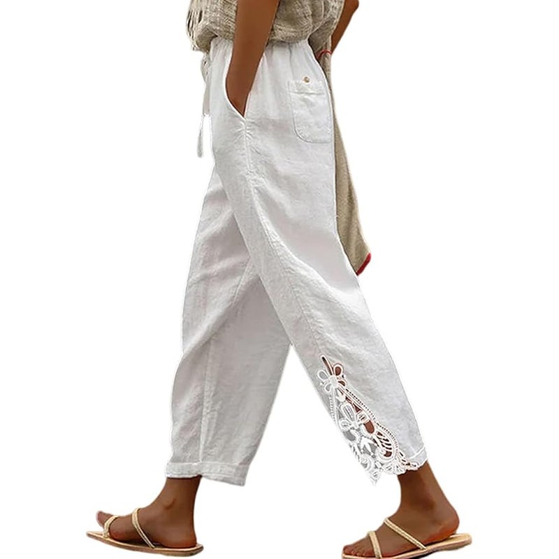 Acelitt Women Casual Lightweight Drawstring Elastic Waist Lace Linen Pants with Pockets, S-XXL - Image 1