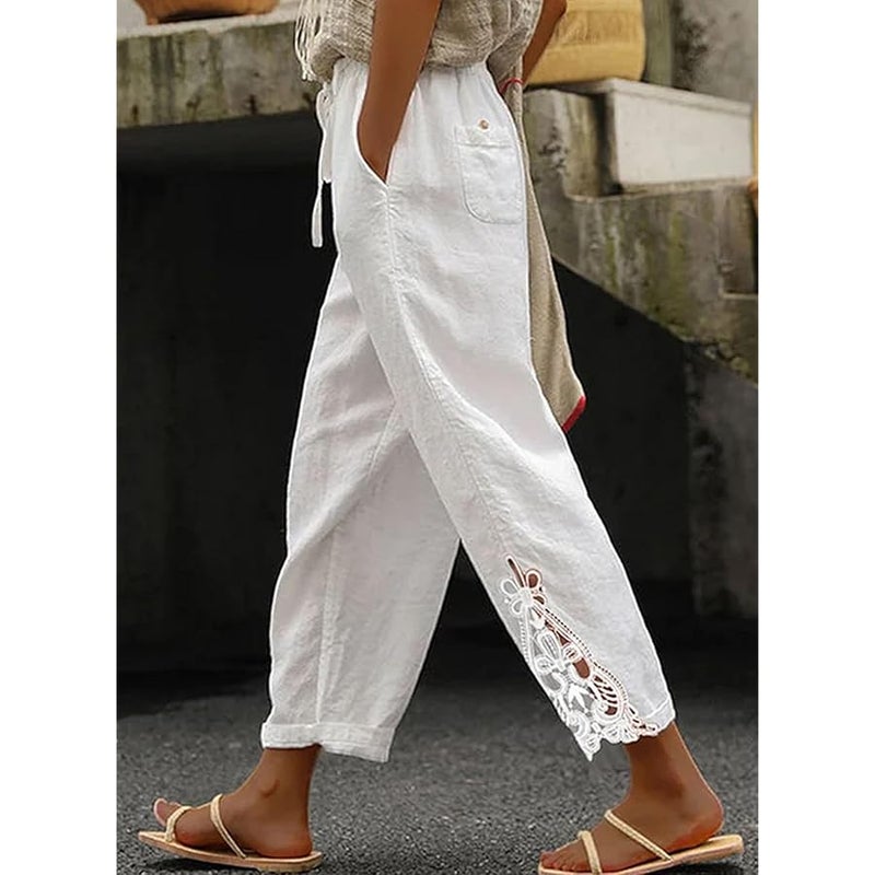 Acelitt Women Casual Lightweight Drawstring Elastic Waist Lace Linen Pants with Pockets, S-XXL - Image 2