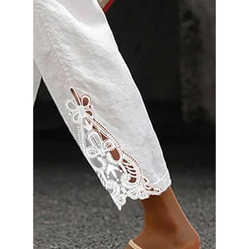 Acelitt Women Casual Lightweight Drawstring Elastic Waist Lace Linen Pants with Pockets, S-XXL - Image 4