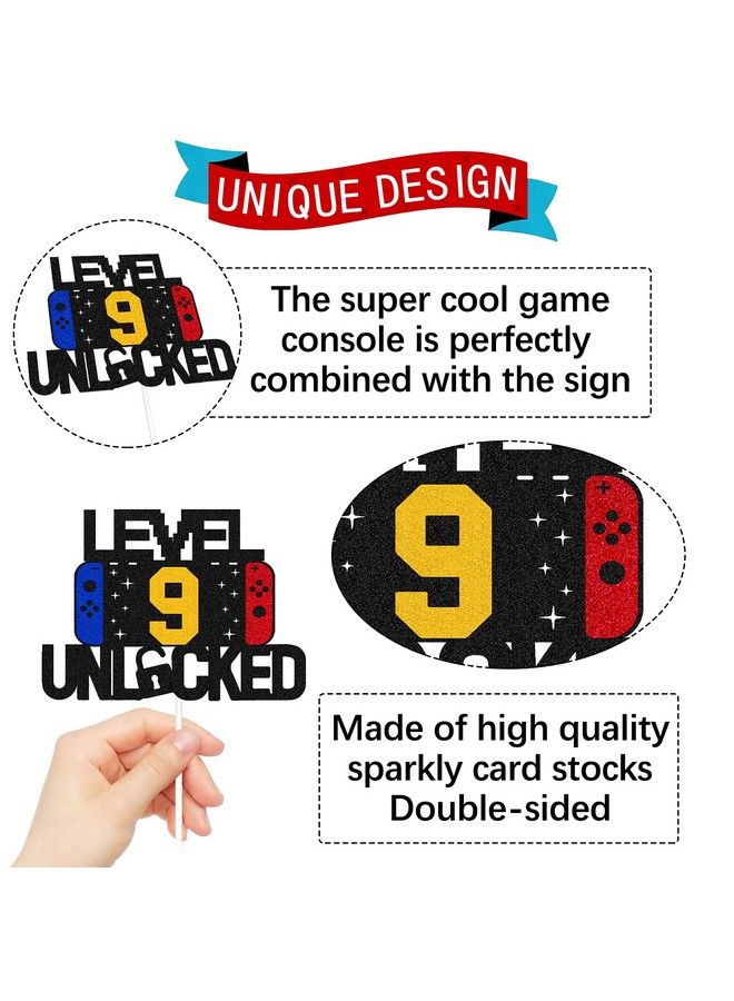 Level 9Th Unlocked Sign Cake Topper Happy 9Th Birthday Level Up Tenth Cake Decorations For Video Game Controller Themed Kids Boy Girl Bday Party Supplies Double Sided  - Image 3