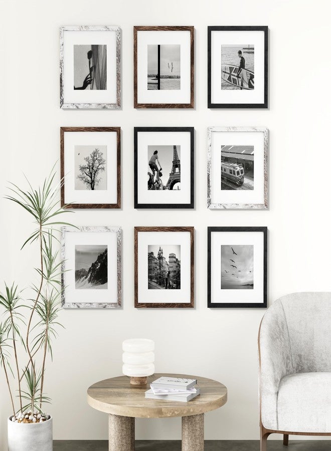 Vittanly مجموعة إطارات صور فيتانلي مقاس 12×12 بوصة، 9 قطع، لعرض صور مقاس 8×8 بوصة مع إطار داخلي أو 12×12 بوصة بدون إطار داخلي، إطارات صور للتعليق على الحائط، مصنوعة من الخشب المصنّع، باللون الأسود والبني والأبيض العتيق. - Image 2