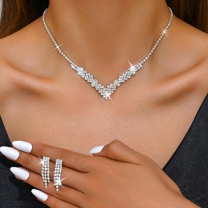 Unicra Silver Bride Necklace Earrings Set Bridal Wedding Jewelry Sets Rhinestone Prom Costume Jewelry Set for Women and Brides - Image 3