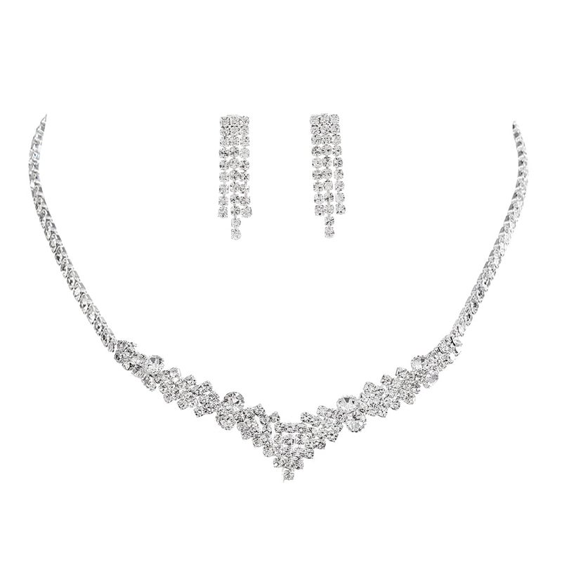 Unicra Silver Bride Necklace Earrings Set Bridal Wedding Jewelry Sets Rhinestone Prom Costume Jewelry Set for Women and Brides - Image 1