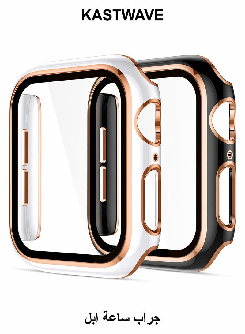 كاست ويف حافظات متوافقة مع ساعة Apple Watch Series 7 مقاس 41 مم، قطعتان مع واقي شاشة من الزجاج المقوى، غطاء رفيع بحافة ذهبية وردية مطلية بالكهرباء للنساء والرجال (أسود/أبيض) - Image 1