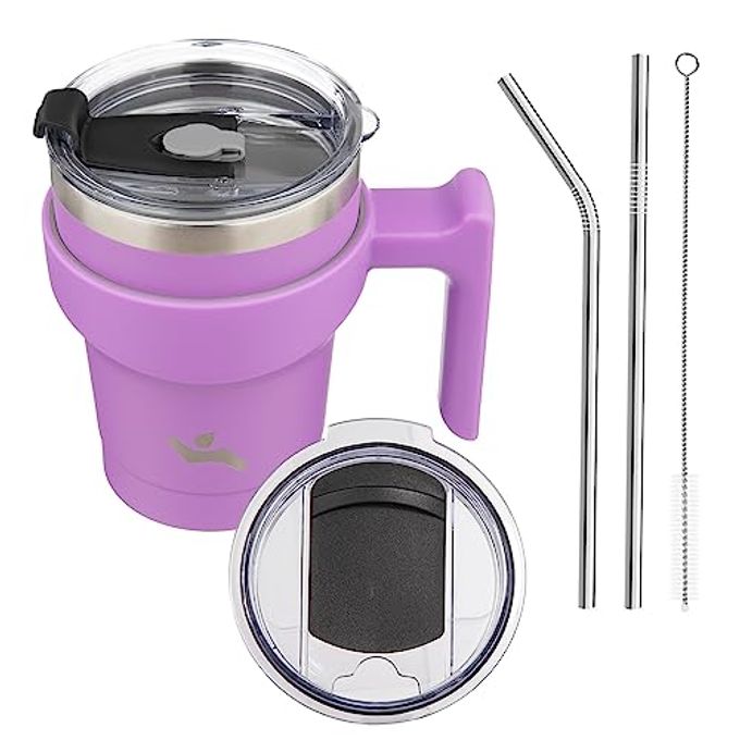 Konokyo 10 oz Tumbler with Handle and 2 Straw 2 Lid, Insulated Water Bottle Stainless Steel Vacuum Cup Reusable Travel Mug,Lavender