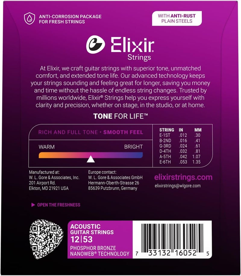 Elixir 16052 Phosphor Bronze Acoustic Guitar Strings with NANOWEB Coating, Light Gauge (.012-.053) - Image 2
