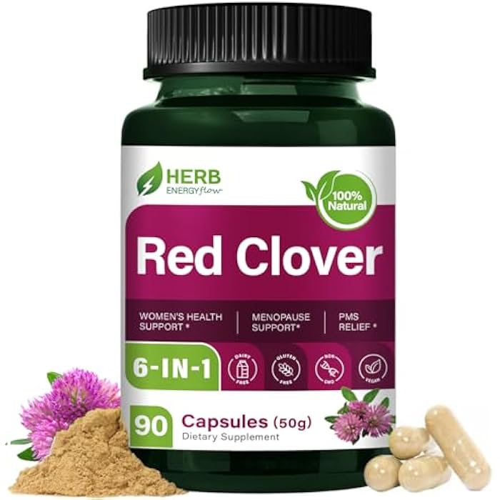 HERBENENERGYflow Red Clover Herb Supplement Capsules, 90 Count. Women’s Health Support, Menopause Support & PMS Relief. | Non-GMO, Vegetarian Capsules w/Black Cohosh Dong Quai. - Image 1