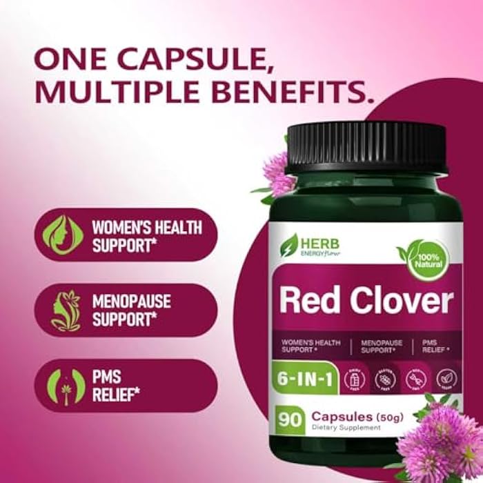 HERBENENERGYflow Red Clover Herb Supplement Capsules, 90 Count. Women’s Health Support, Menopause Support & PMS Relief. | Non-GMO, Vegetarian Capsules w/Black Cohosh Dong Quai. - Image 2