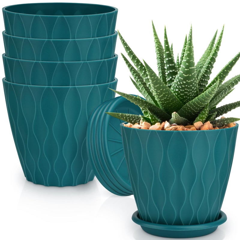 YNNICO 6 inch Plant Pots 5 Pack Flower Pots Outdoor Indoor Planters with Drainage Hole and Tray SaucerBlue