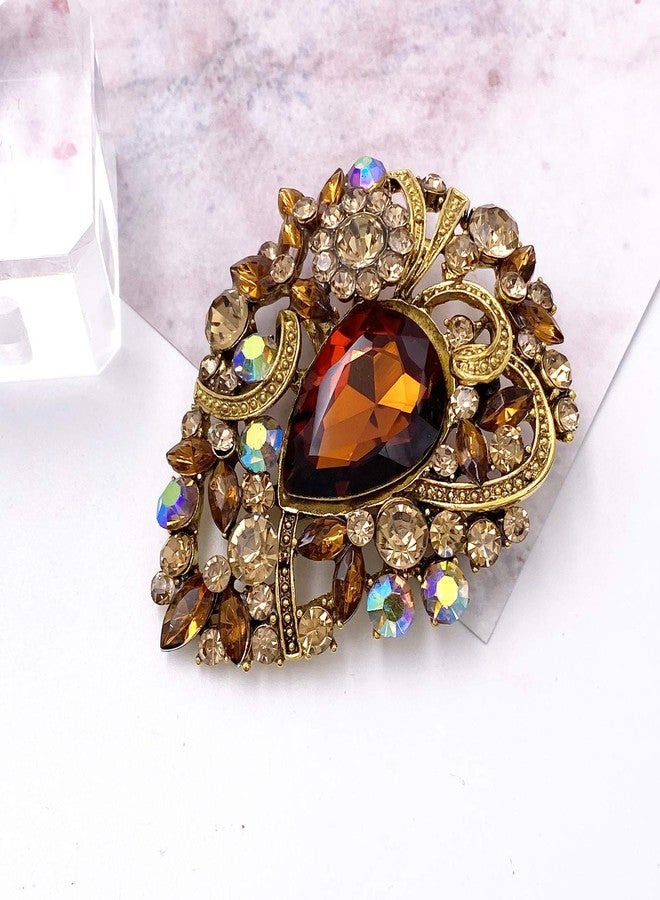 LAXPICOL Women's Vintage Brown Austrian Crystal Elegant Flower Teardrop Brooch Gold Tone - Image 2