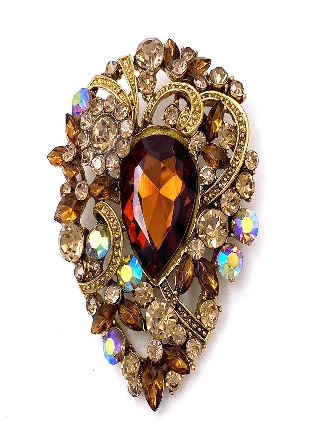 LAXPICOL Women's Vintage Brown Austrian Crystal Elegant Flower Teardrop Brooch Gold Tone - Image 1
