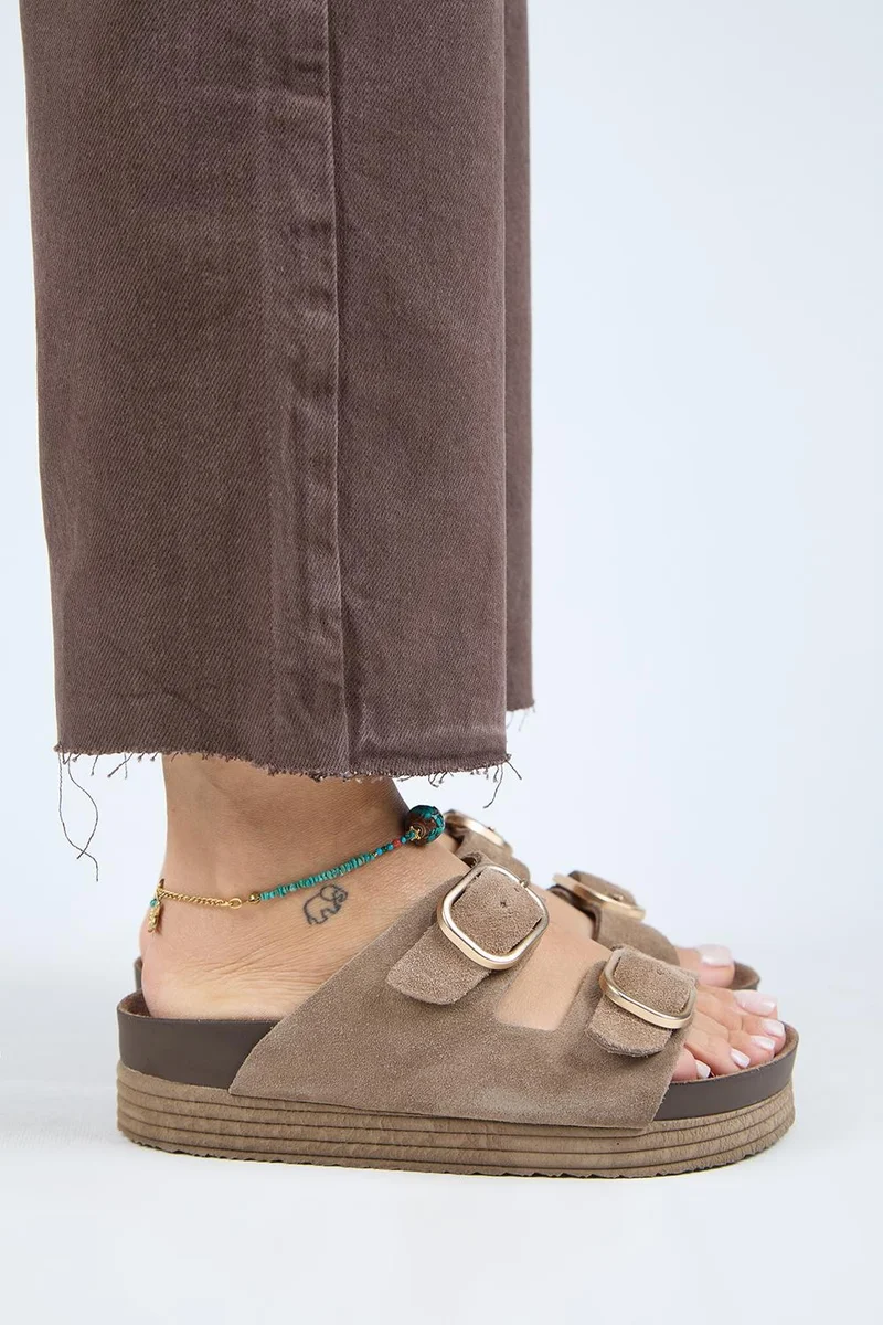Manijero Manijero lex Women's Genuine Leather Double Buckle Platform Mink Slippers