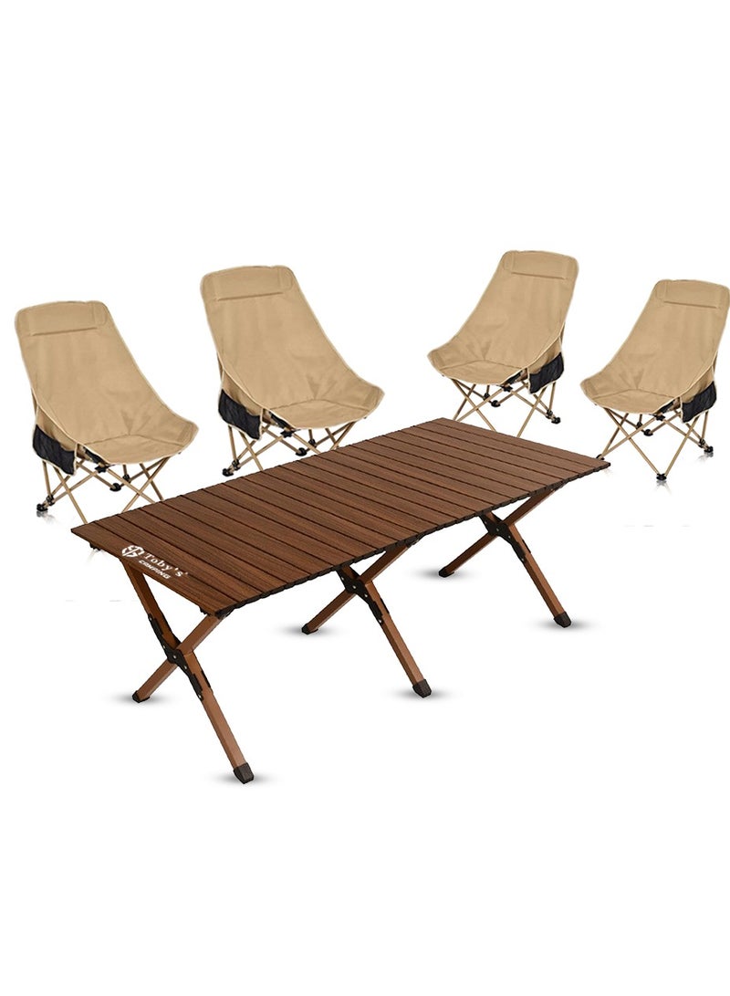 توبيز طاولة تابي القابلة للطي من الخشب مع 4 كراسي خارجية عالية الظهر من سبائك الألومنيوم – محمولة، خفيفة الوزن وأنيقة للتخييم والأنشطة الخارجية - Image 1
