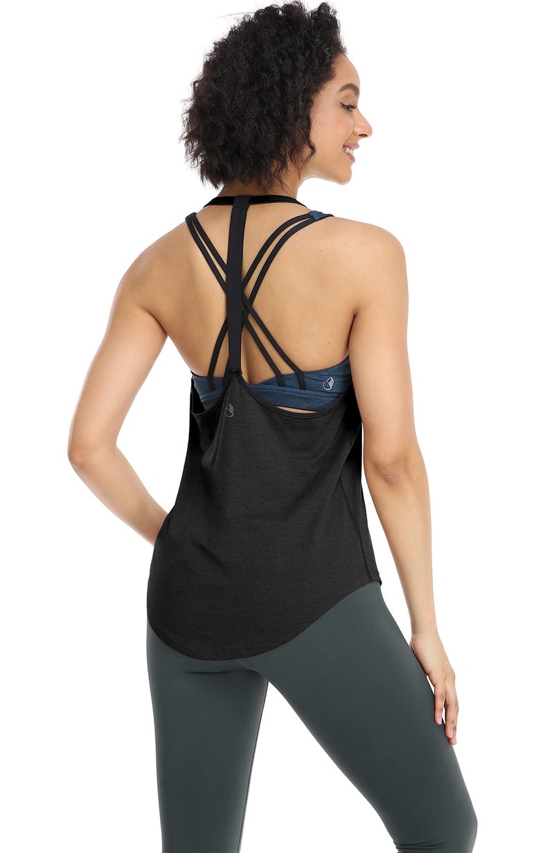 icyzone Workout Tank Tops for Women - Athletic Yoga Tops, T-Back Running Tank Top (S, Black/Brick) - Image 4