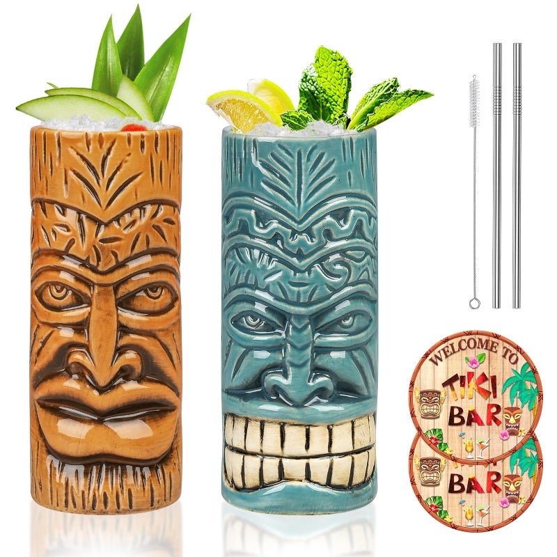 SuproBarware TIKI Mug Set Set of 2 Ceramic TIKI Mug 15oz440ml Tropical Style Cocktail Glass Set for Cocktail Lover OrangeBlue