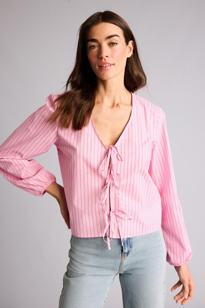 DeFacto Pink Woman Regular Fit V-Neck Striped Long Sleeve Blouse Casual - Image 3