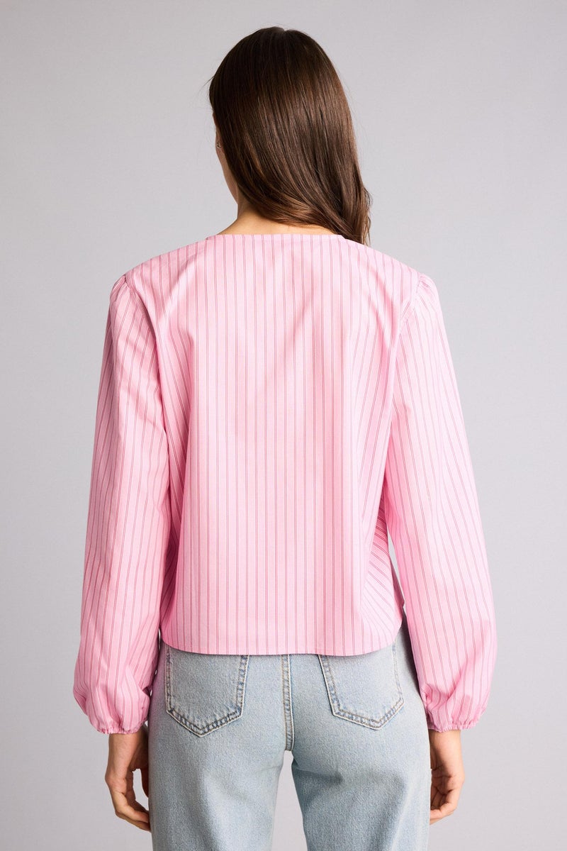 DeFacto Pink Woman Regular Fit V-Neck Striped Long Sleeve Blouse Casual - Image 5