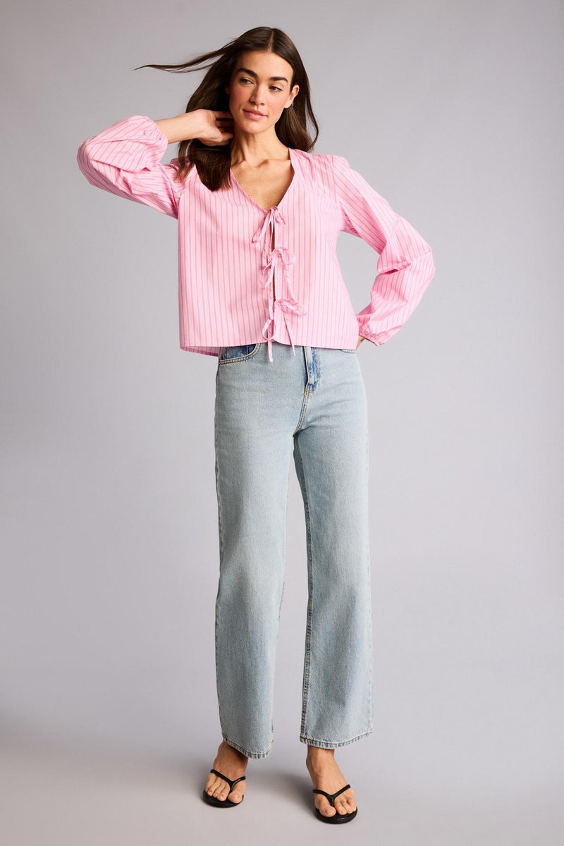 DeFacto Pink Woman Regular Fit V-Neck Striped Long Sleeve Blouse Casual - Image 2