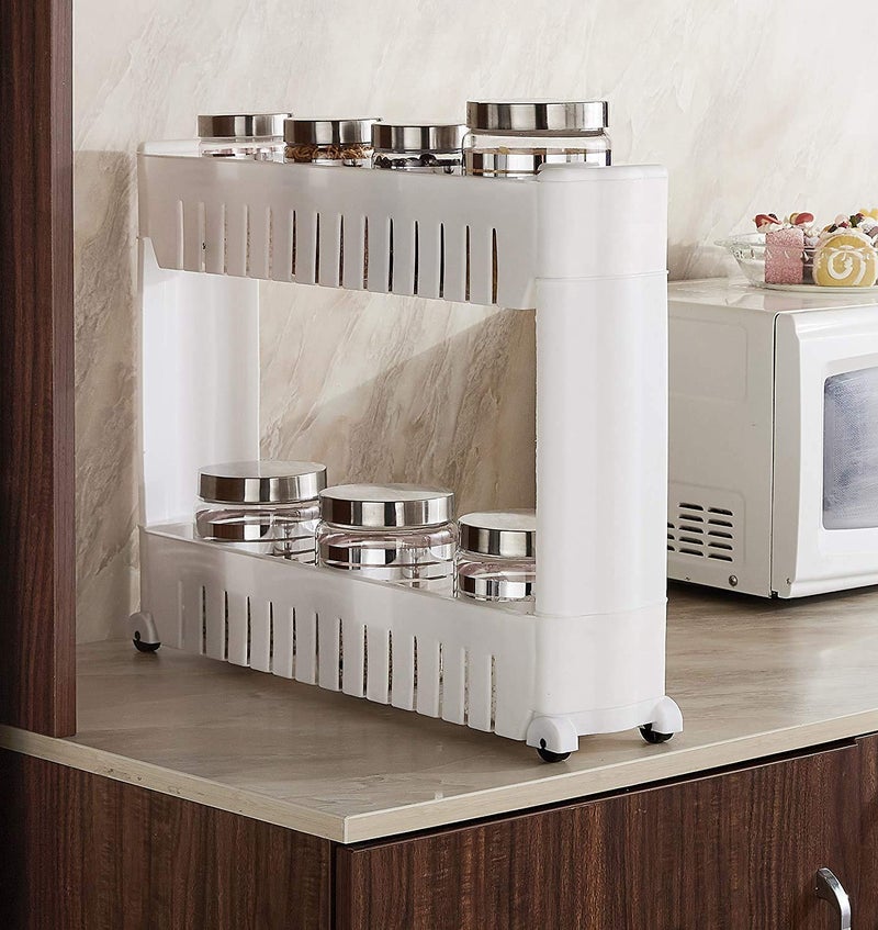 FAYBY 2 Layer Slim Side Space Saving Storage Organizer Rack Shelf with Wheels Plastic Kitchen Storage Rack Multi Utility Narrow Space for Household Kitchen Office Bathroom White - Image 3