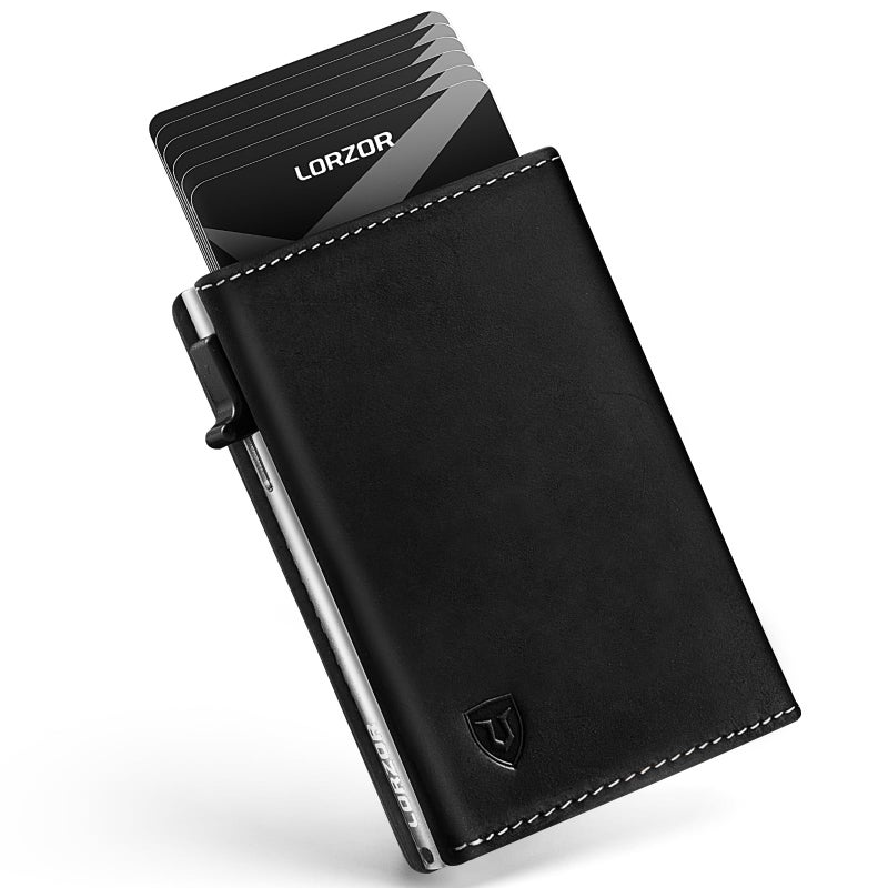 LORZOR Wallet for Men with Metal Card Holder, Pop Up Wallet, Finest Full Grain Leather Trifold Wallet, Smart, Minimalist, RFID Blocking, Front Pocket, ID Window, Black/Silver - Image 1
