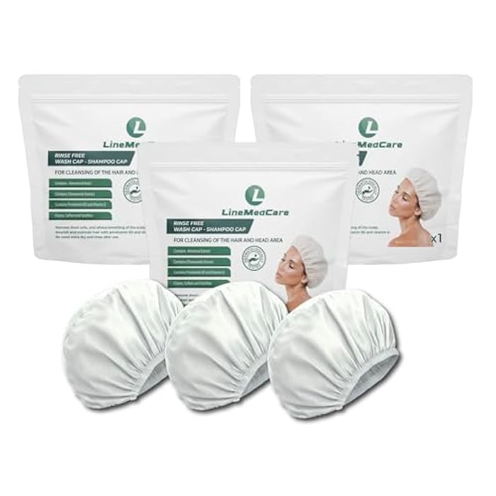 3 packs Rinse Free Shampoo Cap Hair Wash Contains Aloe Vera, Chamomile Extract, Vitamin E and Provitamin B5 Hypoallergenic, pH Balanced Microwavable. Pack of 3 Rinse Free No Water Shower Caps - Image 1