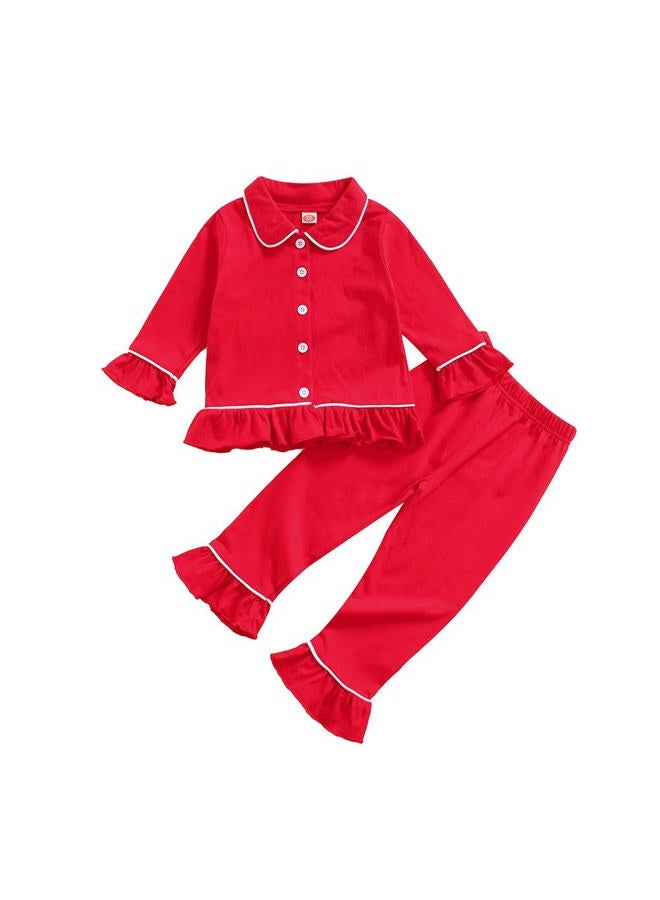 Ayalinggo Toddler Kids Baby Girl Solid Pjs Ruffle Long Sleeve Button Shirt Top and Pants Cotton 2Piece Pajamas Set, Red, 5-6 Years - Image 1