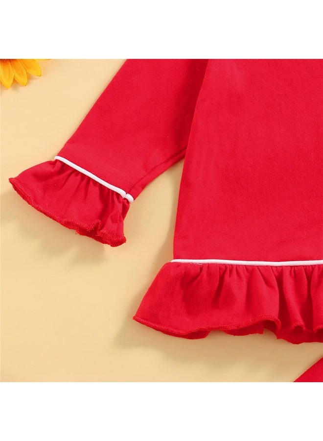 Ayalinggo Toddler Kids Baby Girl Solid Pjs Ruffle Long Sleeve Button Shirt Top and Pants Cotton 2Piece Pajamas Set, Red, 5-6 Years - Image 2