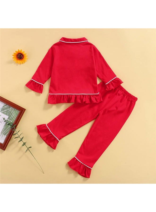 Ayalinggo Toddler Kids Baby Girl Solid Pjs Ruffle Long Sleeve Button Shirt Top and Pants Cotton 2Piece Pajamas Set, Red, 5-6 Years - Image 3
