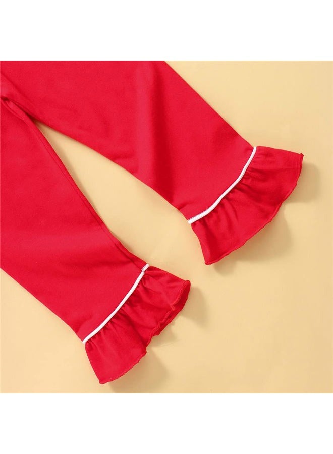 Ayalinggo Toddler Kids Baby Girl Solid Pjs Ruffle Long Sleeve Button Shirt Top and Pants Cotton 2Piece Pajamas Set, Red, 5-6 Years - Image 5