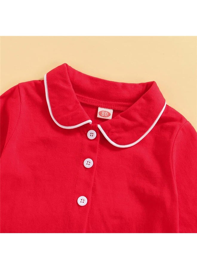 Ayalinggo Toddler Kids Baby Girl Solid Pjs Ruffle Long Sleeve Button Shirt Top and Pants Cotton 2Piece Pajamas Set, Red, 5-6 Years - Image 4