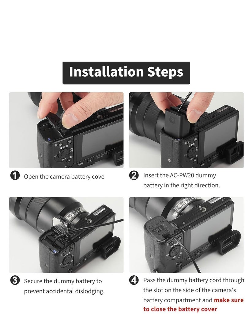 JAJEEK AC PW20 Power Supply Adapter & NP-FW50 Dummy Battery Kit for Sony Alpha Cameras – Continuous Power for A6500, A6400, A6300, A6100, A6000, A5100, A7 Series, RX10, ZV-E10 - Image 2