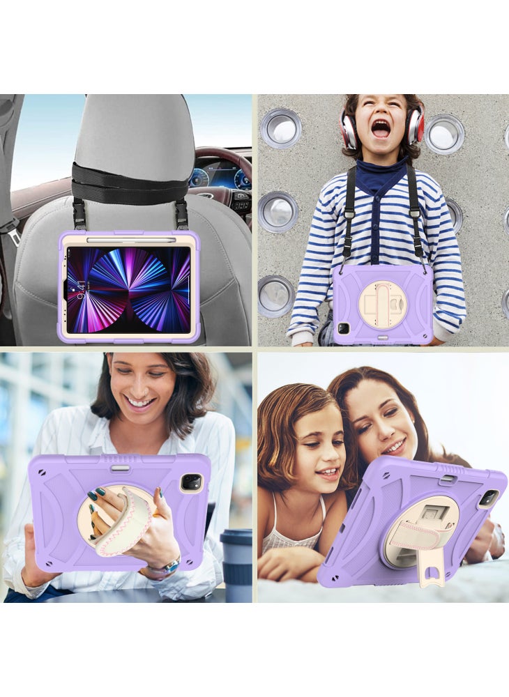 Rotating Kickstand Cover for iPad Pro 11 (2018)/(2020)/(2021)/(2022)/iPad Air (2020)/(2022),Silicone+PC Tablet Case with Pencil Holder/Shoulder Strap - Purple - Image 3