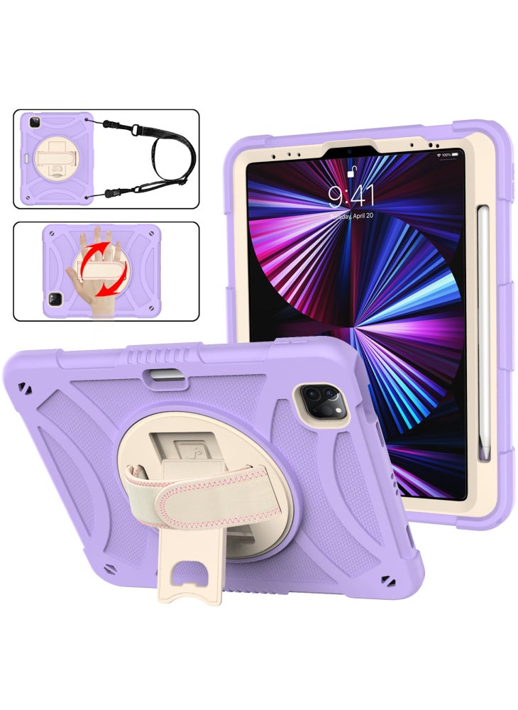 Rotating Kickstand Cover for iPad Pro 11 (2018)/(2020)/(2021)/(2022)/iPad Air (2020)/(2022),Silicone+PC Tablet Case with Pencil Holder/Shoulder Strap - Purple - Image 1