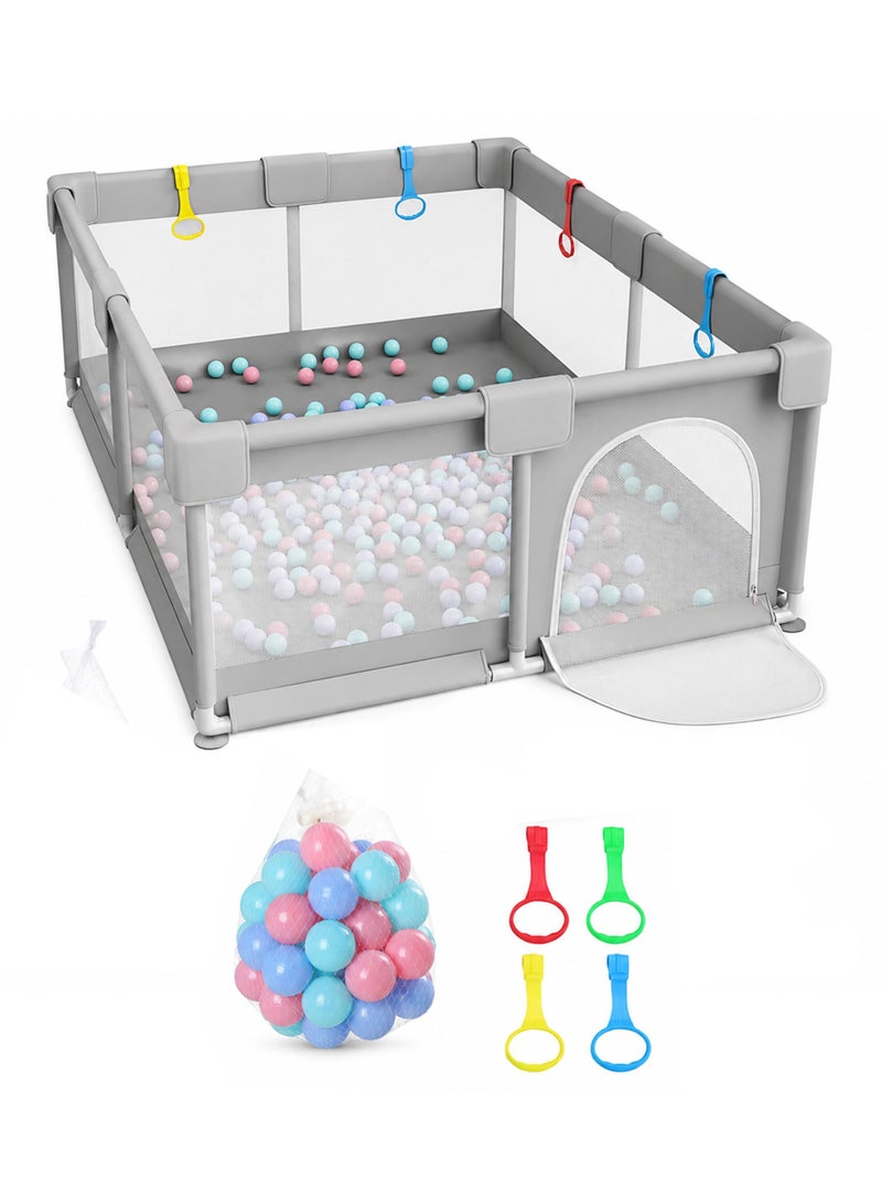 TOTOJOY Baby Playpen with 50 Pieces Balls and 4 Baby Pull Ring Crib Hooks- 180x150cm Infant Indoor and Outdoor Kids Activity Centre Foldable Safety Fence Portable Play Dens for Kids and Toddlers Easy to Fold Play Yard, Grey - Image 1
