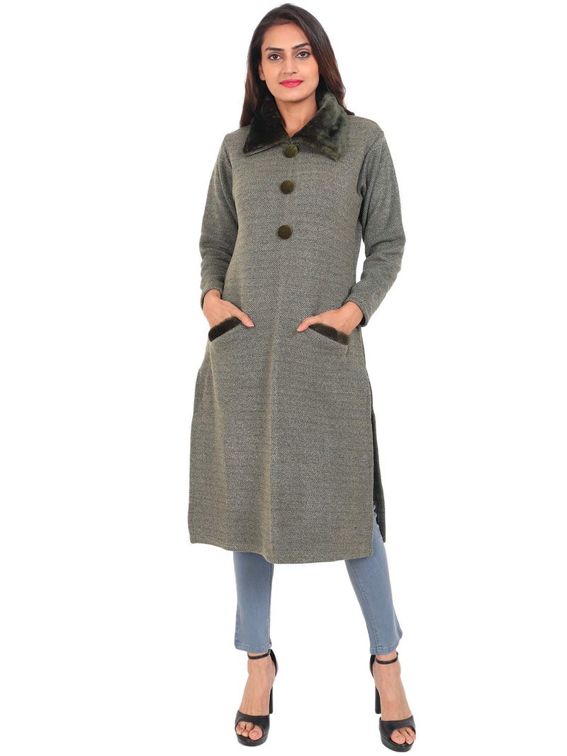Matelco Women's Wool Straight Kurti for Winters (Ad04Caz45_Black_Parent) (Large, Green) - Image 1