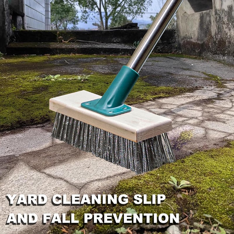 BSMstone Push Broom Brush Stainless Steel Wire Scrub Brush with Long Handle for Moss, Tough Stains on Deck, Grout, Garage, Patio - Image 2